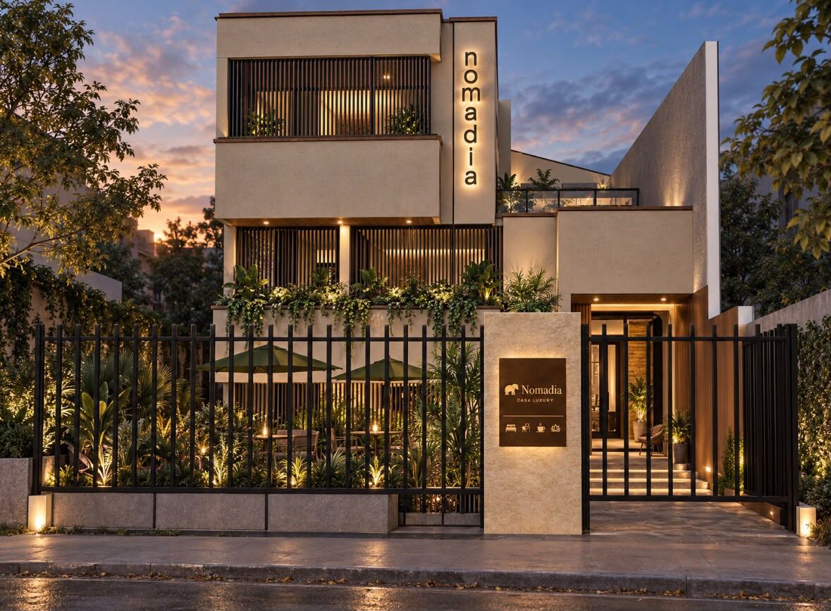Fachada de Nomadia Cedritos al atardecer, con celosías de madera y jardín iluminado