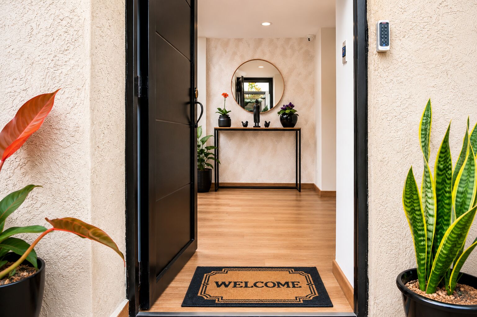Entrada de Casa Siena: puerta negra abierta hacia un recibidor con espejo redondo y piso de madera